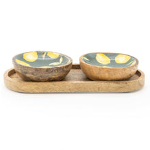Load image into Gallery viewer, S/2 SMALL MANGO WOOD DIPPING BOWLS ON TRAY SICILIAN ORCHARD
