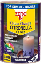 Load image into Gallery viewer, Zero In The Buzz Citronella Colour-Change Pillar Candle, Heat Activated LED Changes Colour, Garden Use,