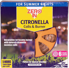Load image into Gallery viewer, Zero In Citronella Burner and 6 Coil Pack (Discreet and Decorative Terracotta Burner, Each Coil Burns for Over 5 Hours), Brown