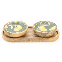 Load image into Gallery viewer, S/2 SMALL MANGO WOOD DIPPING BOWLS ON TRAY SICILIAN ORCHARD