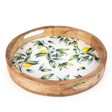 Load image into Gallery viewer, 30cm Round Tray Mango Wood/Enamel Lemon 2PK