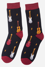 Load image into Gallery viewer, Men's Bamboo Socks- Black/Red, Guitars
