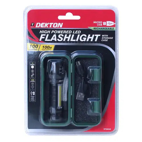Dekton High Powered Rechargeable LED Flashlight with Storage Case