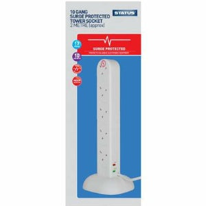 ELECTRICAL SURGE PROTECTED TOWER EXTENSION LEAD 10 SOCKETS WITH 2 METRE CABLE