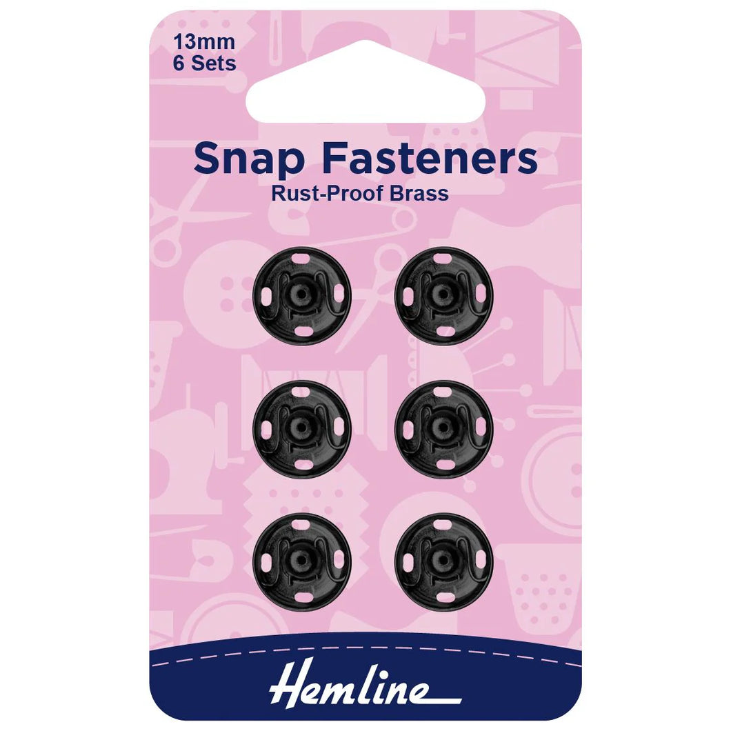 Hemline Snap Fasteners Black Rust-Proof Brass 13mm 6 Sets