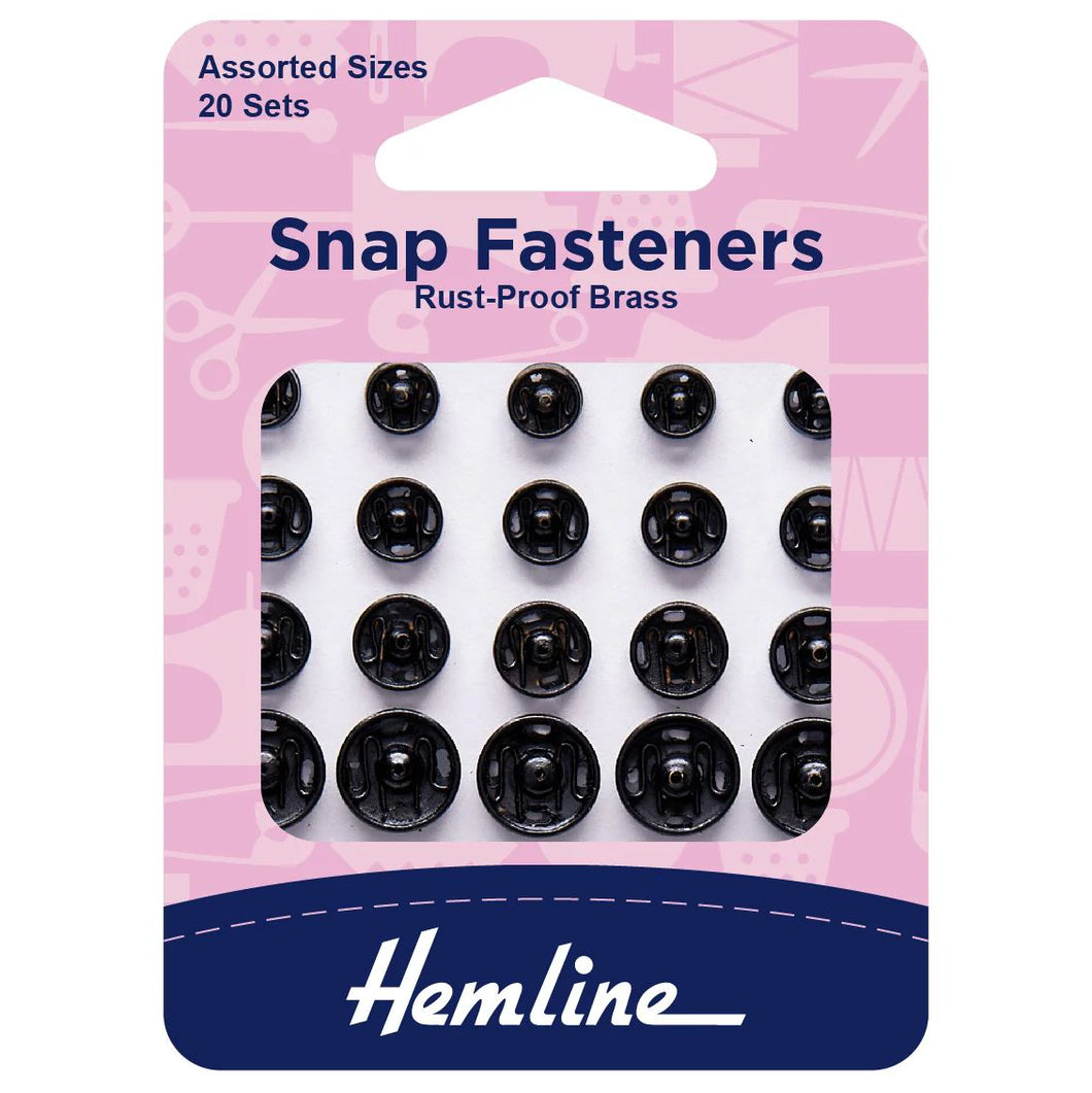 Hemline Snap Fasteners Black Rust-Proof Brass Assorted Sizes 20 sets