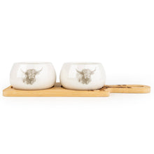 Load image into Gallery viewer, Set of 2 Bowls on Bamboo Tray - Highland Cow 2pk
