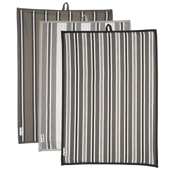 Luxe Kitchen Grey & White Stripped Set of 3 Tea Towels