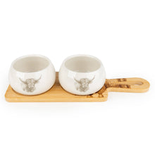 Load image into Gallery viewer, Set of 2 Bowls on Bamboo Tray - Highland Cow 2pk
