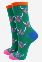 Load image into Gallery viewer, Women's Bamboo Socks - Green/Rainbow, Highland Cow: UK 3-7 | EU 36-40 | US 5-9
