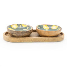 Load image into Gallery viewer, S/2 SMALL MANGO WOOD DIPPING BOWLS ON TRAY SICILIAN ORCHARD
