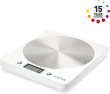 Load image into Gallery viewer, Salter White/Silver Disc Electronic Kitchen Scales
