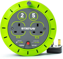 Load image into Gallery viewer, STATUS 2 Socket Cable Reel | 5m Green Extension Lead | 13A with Thermal Cut Out | Heavy Duty Outdoor Extension Lead

