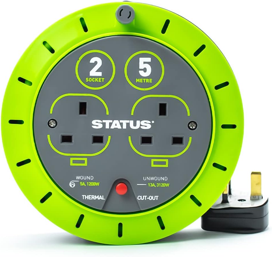 STATUS 2 Socket Cable Reel | 5m Green Extension Lead | 13A with Thermal Cut Out | Heavy Duty Outdoor Extension Lead