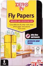 Load image into Gallery viewer, Zero In Fly Papers 8-Pack. FSC Compliant, Sticky Natural Trap.
