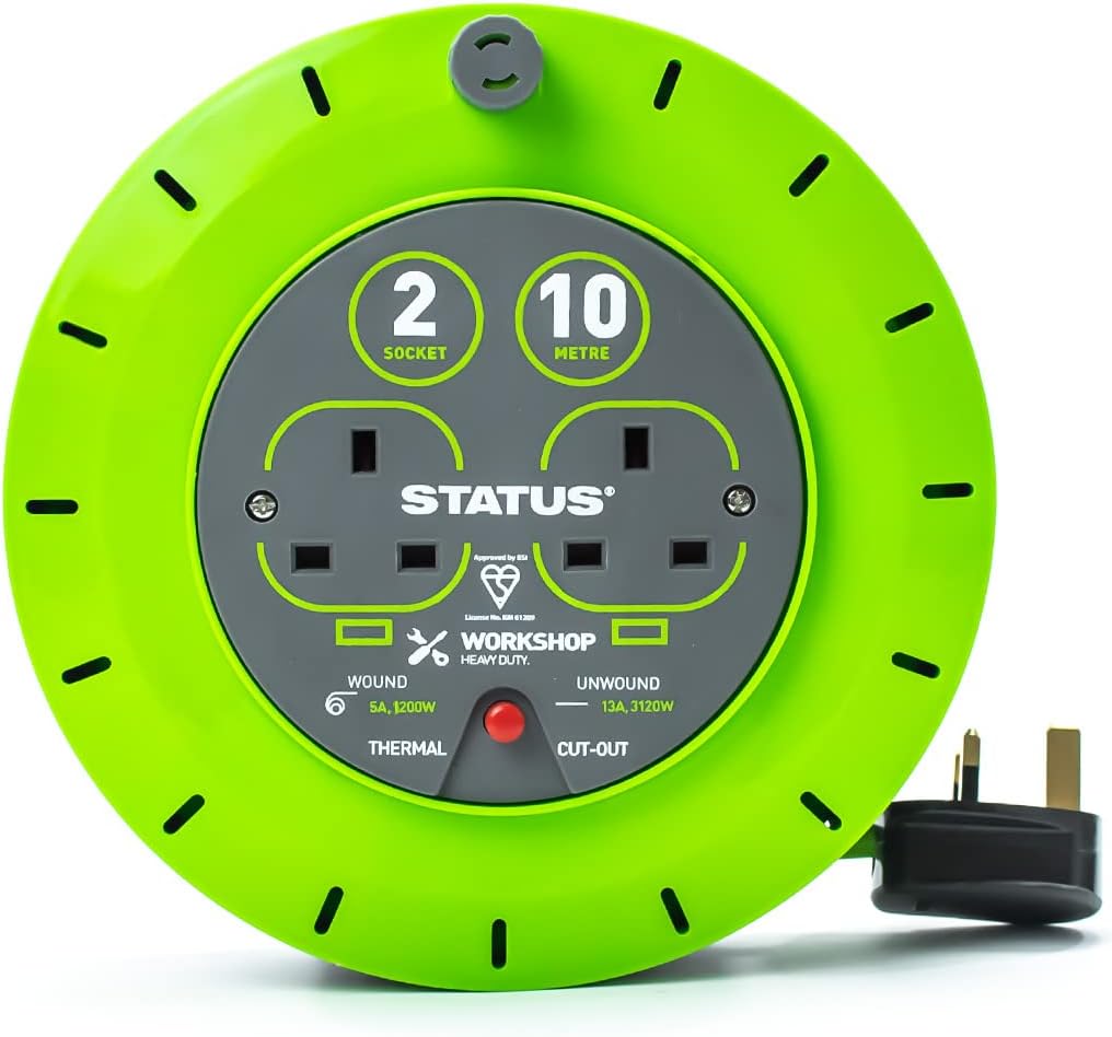 STATUS 2 Socket Cable Reel | 10m Green Extension Lead | 13A with Thermal Cut Out | Heavy Duty Outdoor Extension Lead