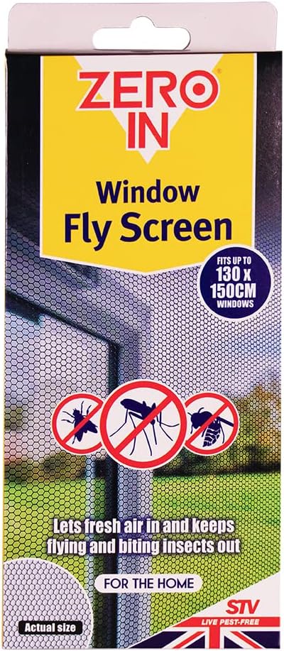 Zero In Window Fly Screen. 1.3 x 1.5 m. Weighted, Washable Barrier Mesh, UV Light Resistant. Protects Homes from Insects and Flies