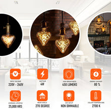 Load image into Gallery viewer, Vintage Heart LED Filament Bulb - E27 Warm Amber Glow 4W ~1044

