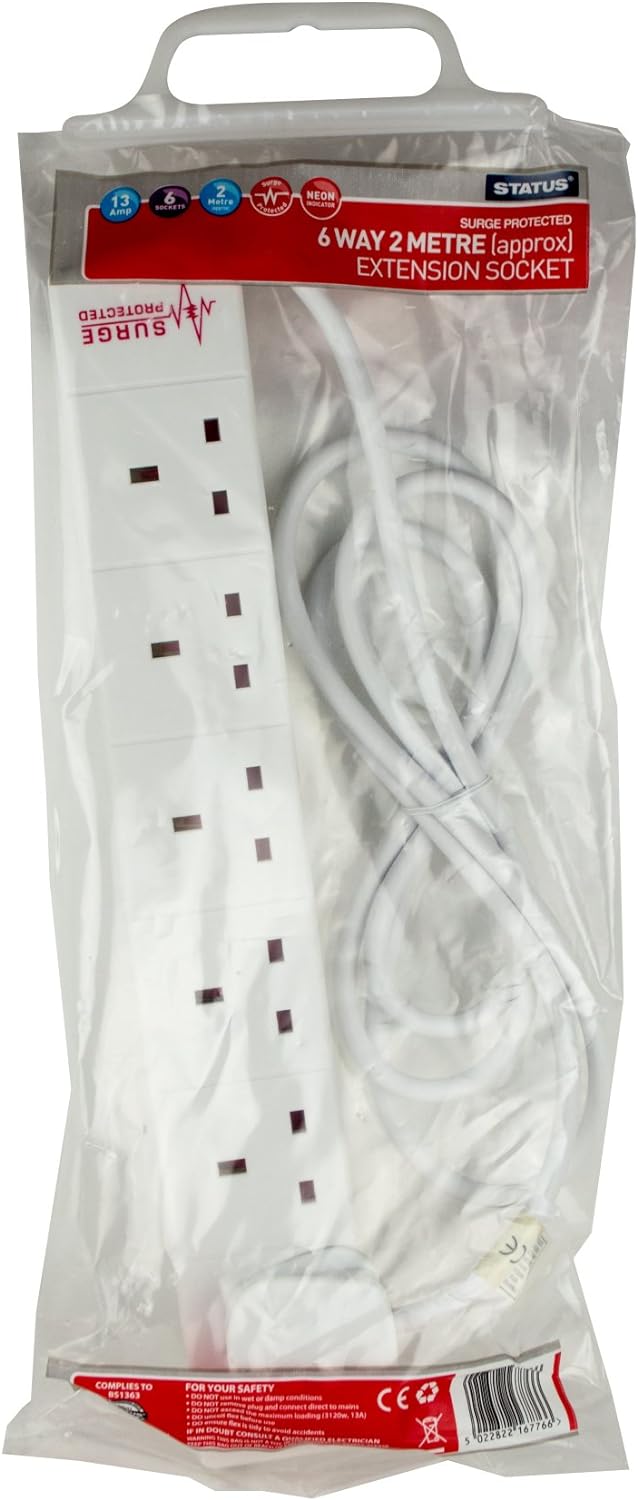 STATUS Multi Plug Extension | 6 Socket Extension Cable | 2m Extension Lead | 13A Surge Protected
