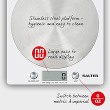 Load image into Gallery viewer, Salter White/Silver Disc Electronic Kitchen Scales
