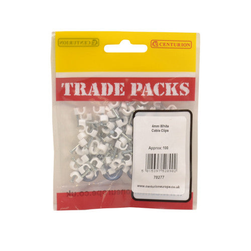 White Cable Clips, 4mm, 100pk