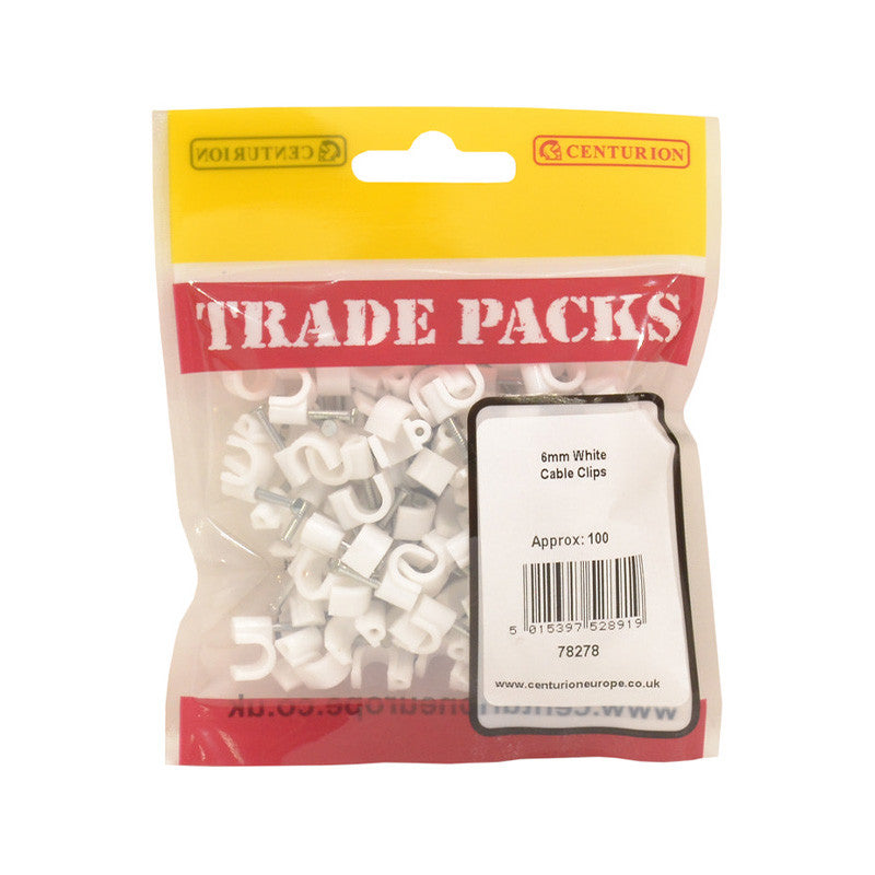 White Cable Clips, 6mm, 100pk