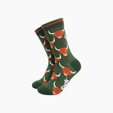 Load image into Gallery viewer, Highland Cow Bamboo Socks in Forest Green: UK 7-11 | EU 40.5 -46 | US 8-12
