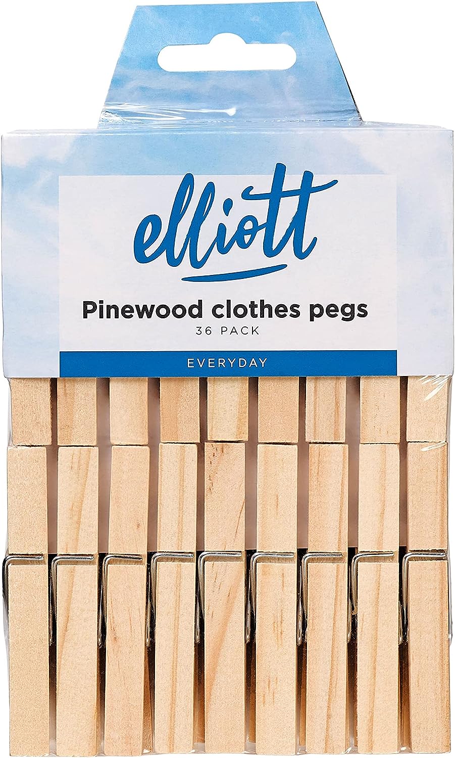 Elliott Traditional Pinewood Clothes Pegs with Contoured Design to Prevent Marking Clothes and Metal Coil Spring for Firm Grip, This Pack Include 36