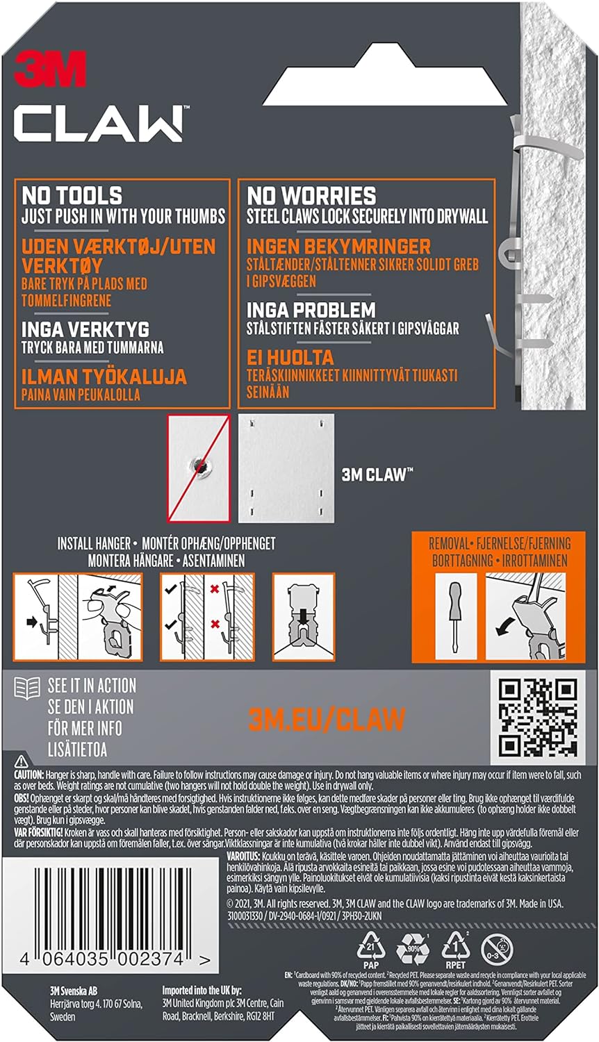 3M Claw Picture Hanger for Drywall (proven to hold 30KG) 2PK