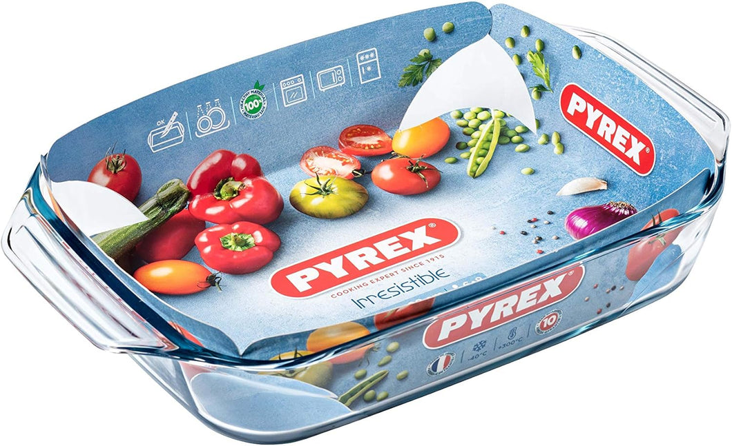 Pyrex Irresistible Glass Rectangular Roaster High Resistance Easy Grip 35x23 Cm, 2.9L