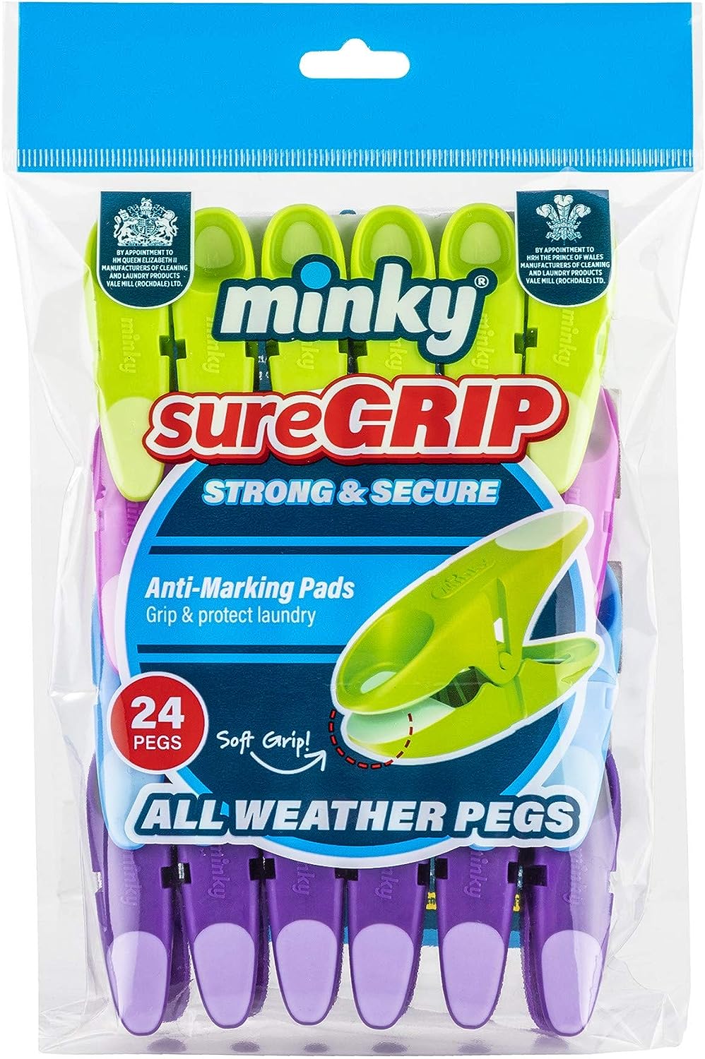 Minky SureGrip Pegs, Assorted color, Pack of 24
