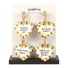 Load image into Gallery viewer, Set of 24 Sunflower Heart Sentiment Signs on Display
