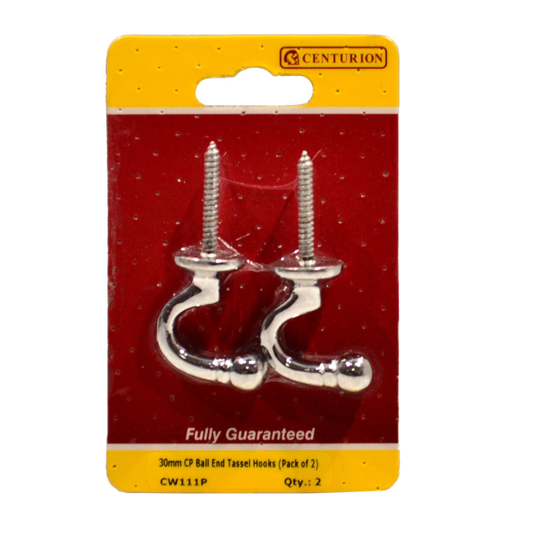 Centurion Solid Brass Ball End Tassel Hooks, 30mm, Chrome Plated