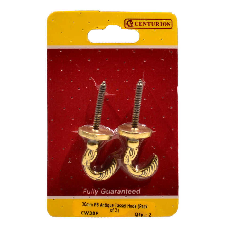 Centurion Solid Brass Antique Tassel Hook, 30mm, Polished Brass 2Pk