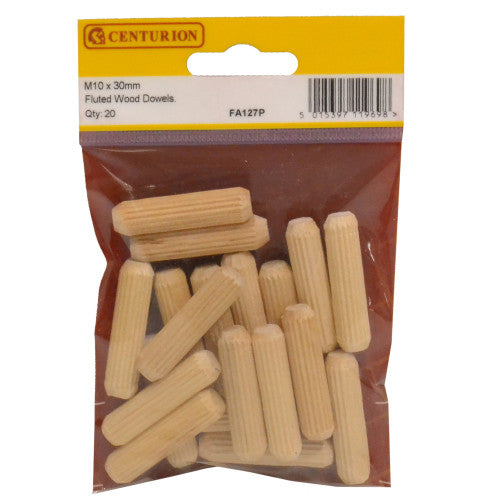 Centurion - M10 x 40mm Fluted Wooden Dowels - Pack of 20 - FA127P