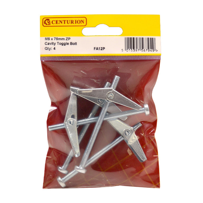 Centurion Cavity Toggle Bolts, M5 x 75mm, Zinc Plated, pack of 4