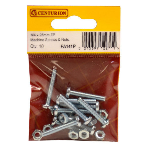 Centurion - M4 x 25mm Zinc Plated Machine Screws & Nuts (Pack of 10) - FA141P