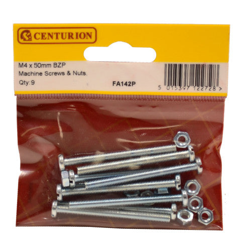 Centurion - M4 x 50mm Zinc Plated Machine Screws & Nuts (Pack of 9) - FA142P