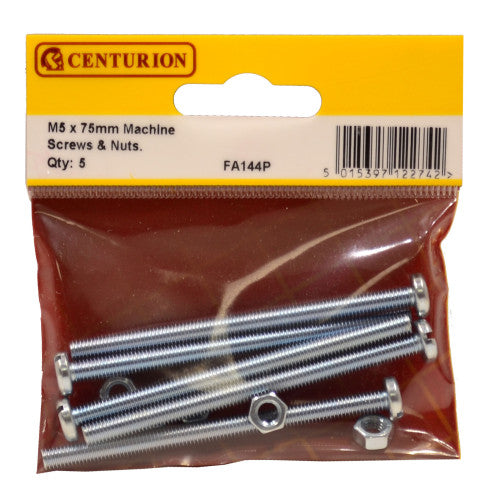 Centurion - M5 x 75mm Zinc Plated Screws & Nuts (Pack of 5) - FA144P