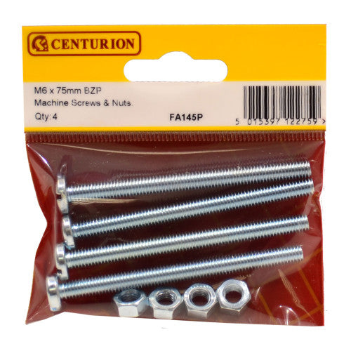 Centurion - M6 x 75mm Zinc Plated Machine Screws & Nuts (Pack of 4) - FA145P