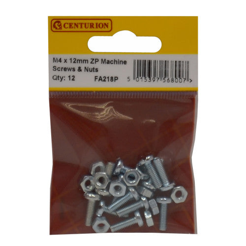 Centurion - M4 x 12mm Zinc Plated Machine Screws & Nuts (Pack of 12) - FA218P