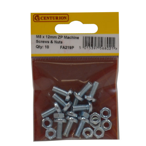 Centurion - M5 x 12mm Zinc Plated Machine Screws & Nuts (Pack of 10) - FA219P