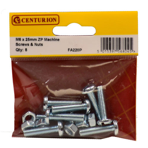 Centurion - M6 x 25MM Zinc Plated Machine Screws & Nuts (Pack of 8) - FA220P