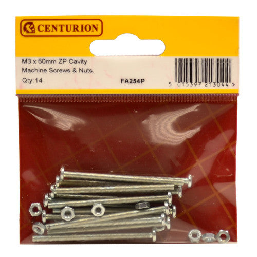 Centurion - M3 x 50mm Zinc Plated Machine Screws & Nuts (Pack of 14) - FA254P