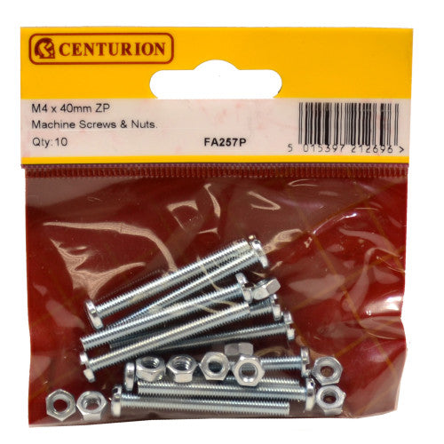 Centurion - M4 x 40mm Zinc Plated Machine Screws & Nuts (Pack of 10) - FA257P
