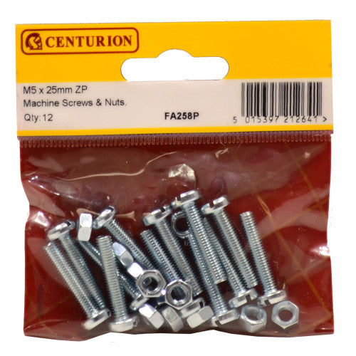 Centurion - M5 x 25mm Zinc Plated Machine Screws & Nuts (Pack of 12) - _FA258P