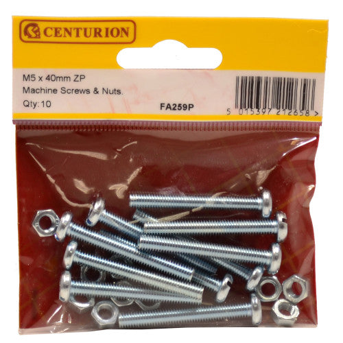 Centurion - M5 x 40mm Zinc Plated Machine Screws & Nuts (Pack of 10) - FA259P