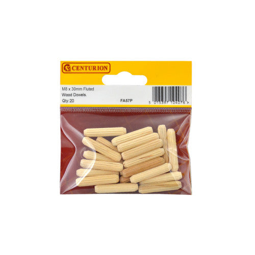 Centurion - M8 x 30mm Fluted Wood Dowels - Pack of 20 - FA57P