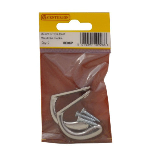 Centurion - 37mm Polished Chrome Die Cast Wardrobe Hooks - HE08P