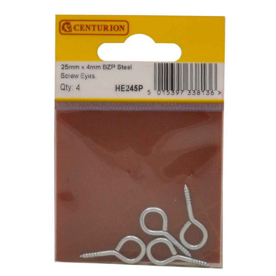 Centurion - 25 x 4mm ZP Steel Screw Eyes (Pack of 4)